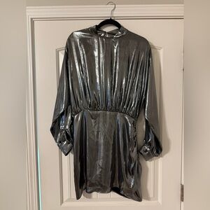 NWT Zara Metallic Foil Mini Dress | Silver Gunmetal | High Neck | Size Large
